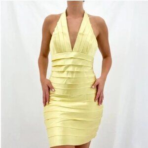 NEW BCBG MaxAzria Pale Lime Yellow Matte Tiered Halter Mini Dress